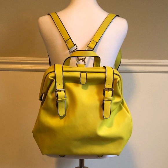Handbags - Bright Yellow Multipurpose Faux Leather Women’s Purse/Backpack w/ Gold Detail